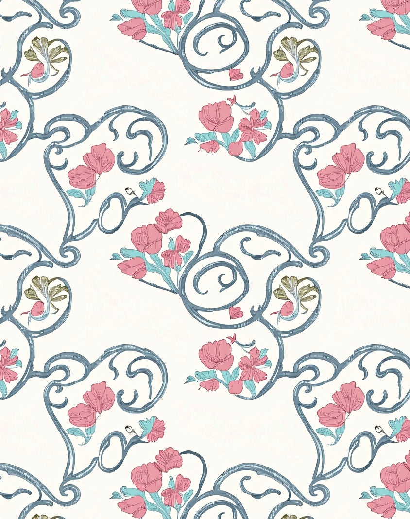 Floral Scrollwork With Pink Blossoms and Swirls Rug