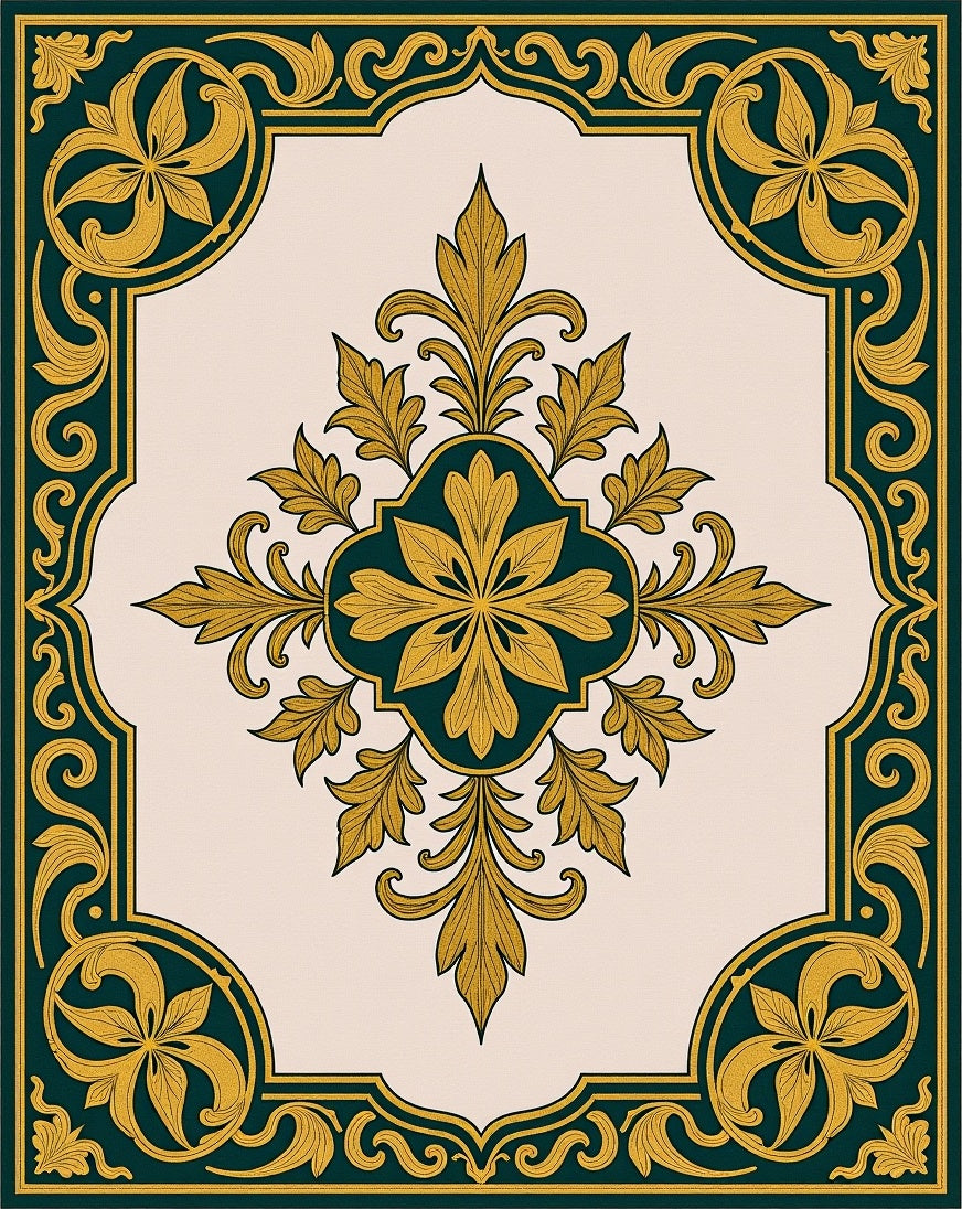 Ornate Golden Floral Border Design Rug