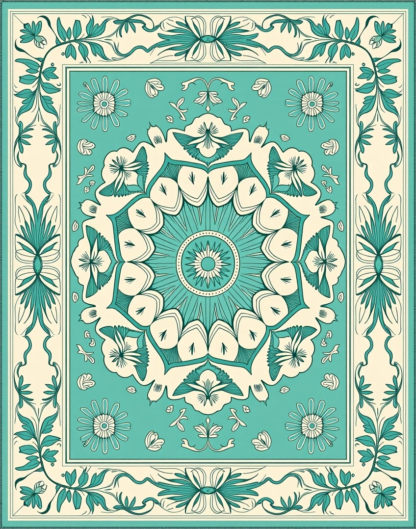 Teal Floral Mandala Medallion Design Rug