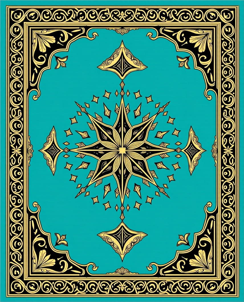 Ornate Black Gold Starburst Design Rug