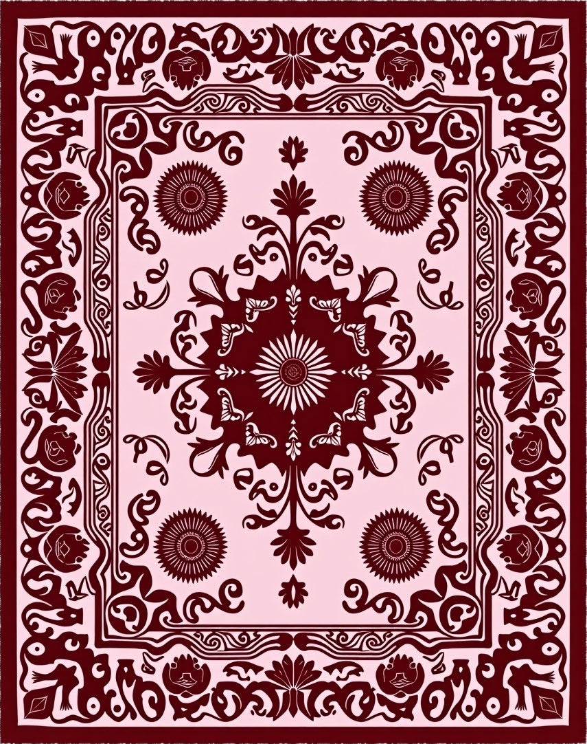 Dark Red Floral And Scrollwork Motif Rug