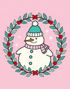 Whimsical Snowman Wreath Pink Background Rug