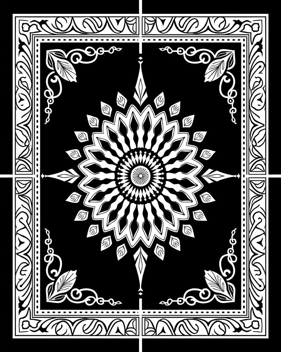 Intricate Black White Mandala Pattern Rug
