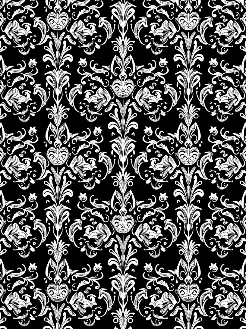 Black White Ornate Floral Scroll Rug