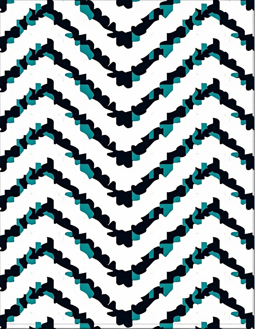 Abstract Teal Black Geometric Zigzag Pattern Rug