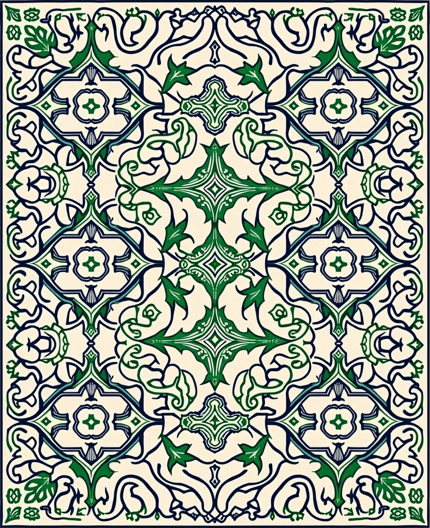 Ornate Green Ivory Floral Pattern Rug