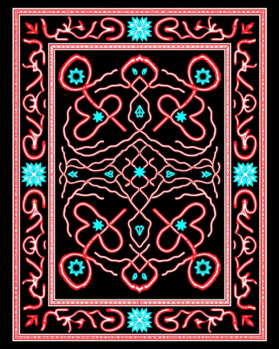 Red Cyan Swirl Medallion Black Rug