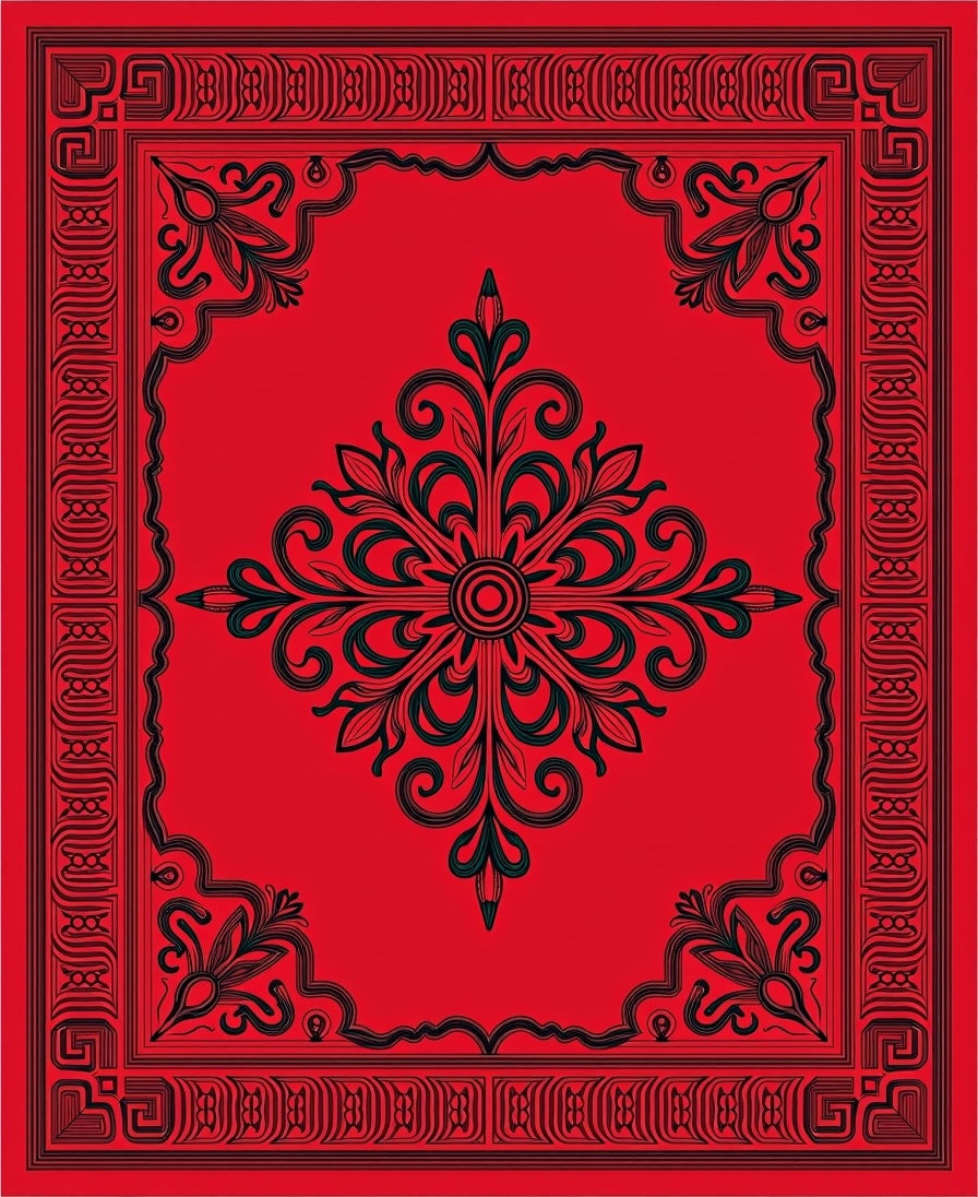 Ornate Red Black Floral Scroll Design Rug