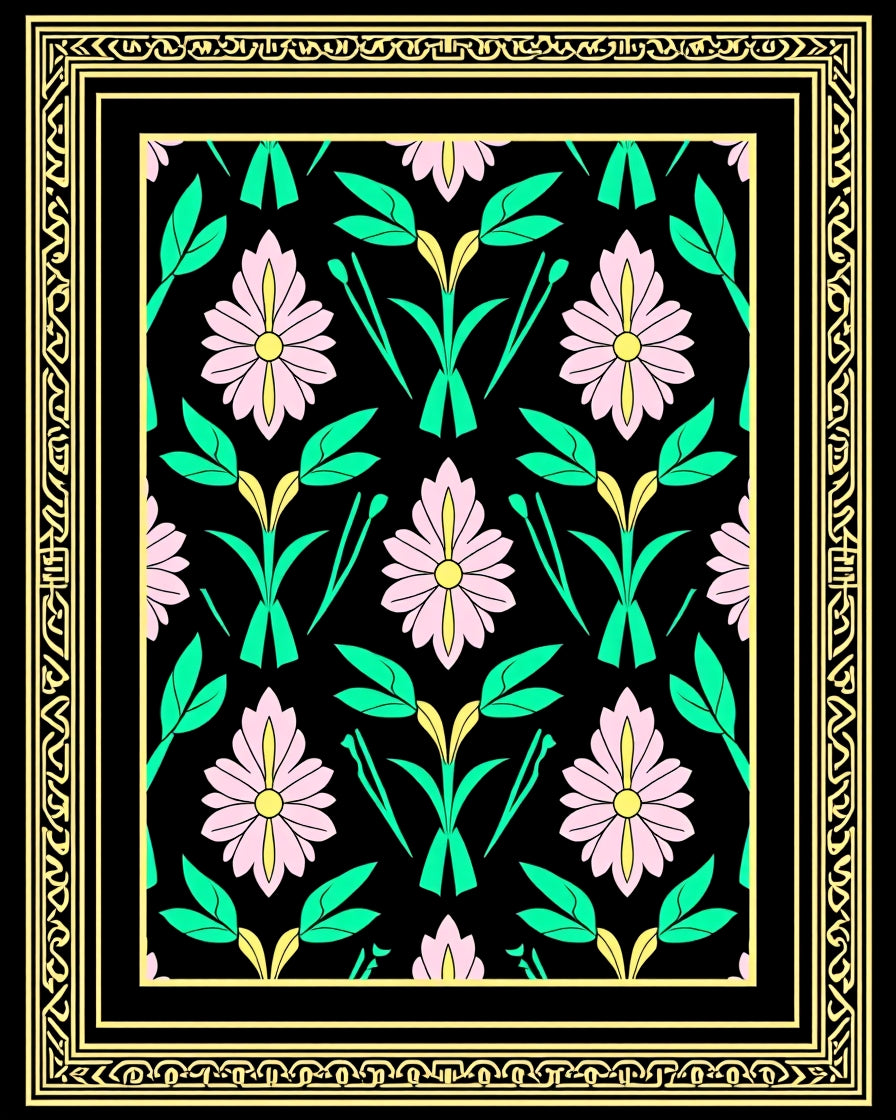 Floral Garden With Intricate Geometric Border Rug