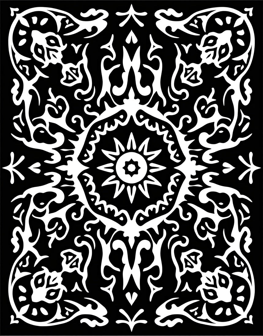 Black White Intricate Floral Scroll Pattern Rug