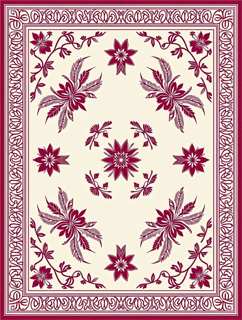Crimson Floral Motif On Cream Rug