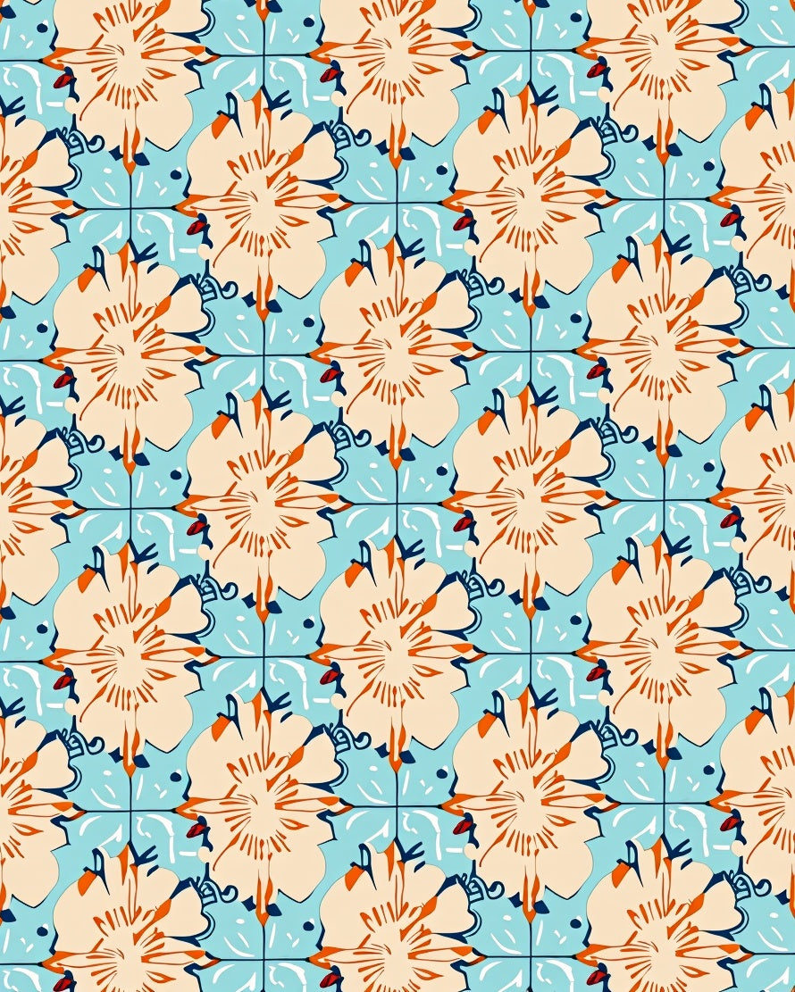 Orange Beige Floral Tile Pattern Rug
