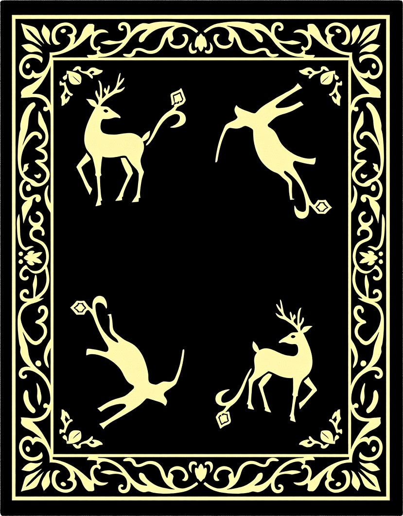 Golden Deer In Ornate Black Frame Rug