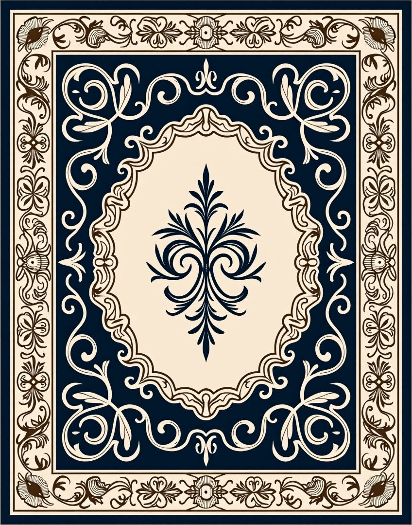 Ornate Floral Scrollwork Dark Navy Rug