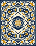 Intricate Floral Scrollwork Dark Blue Gold Rug