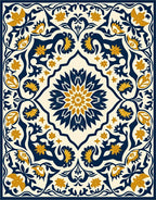 Intricate Floral Scrollwork Dark Blue Gold Rug