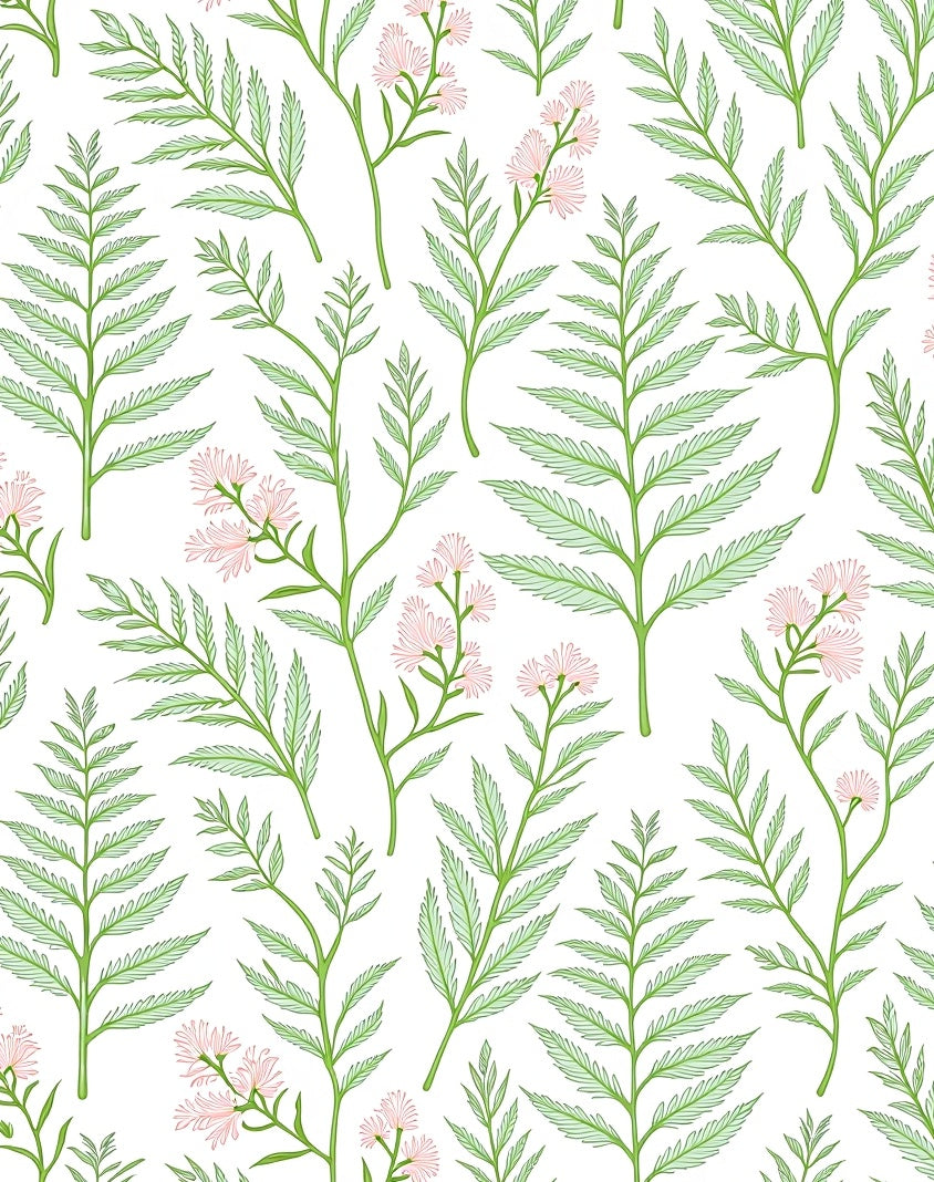 Delicate Green Fern Pink Bloom Pattern Rug