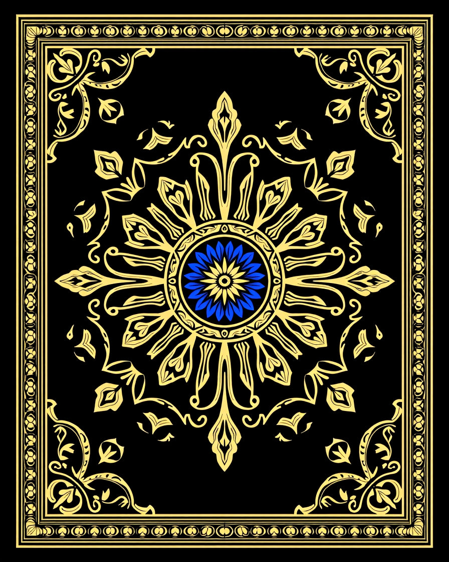 Ornate Floral Mandala Black Gold Rug