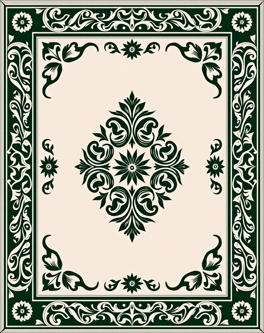 Elegant Dark Green Floral Medallion Design Rug