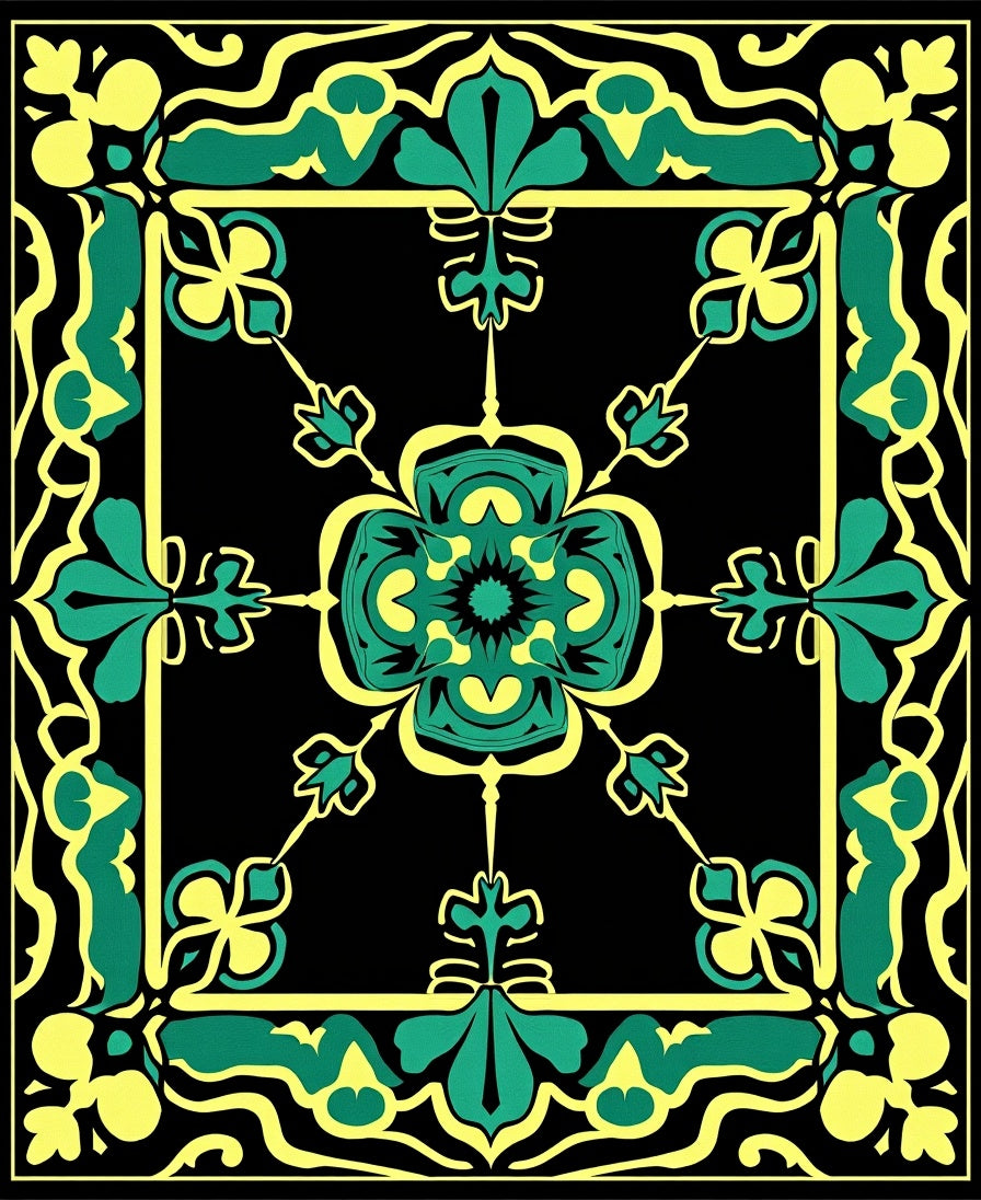 Bold Teal Yellow Floral Frame Rug