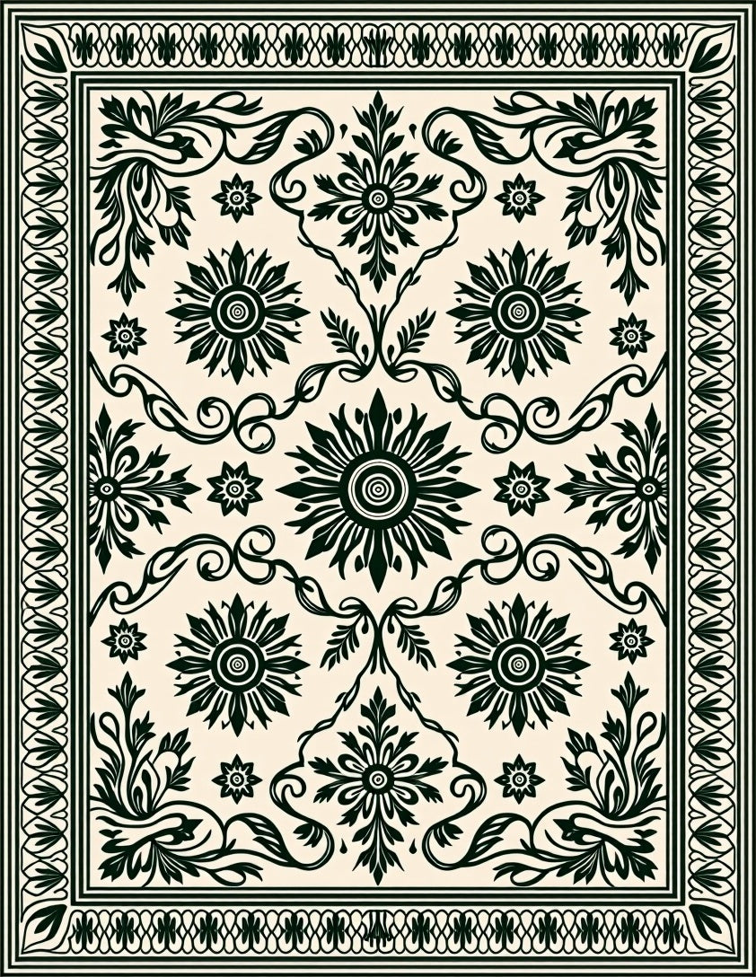 Classic Black Floral Scrollwork Pattern Rug