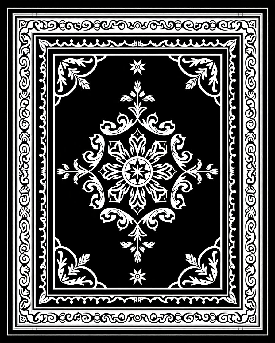 Intricate Black White Floral Border Rug