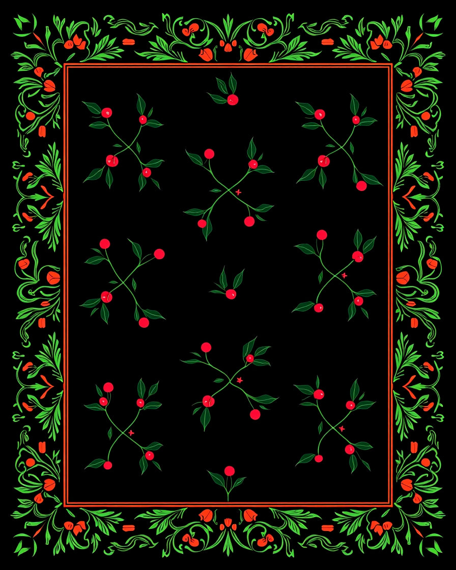 Vivid Green Floral Red Berry Border Rug