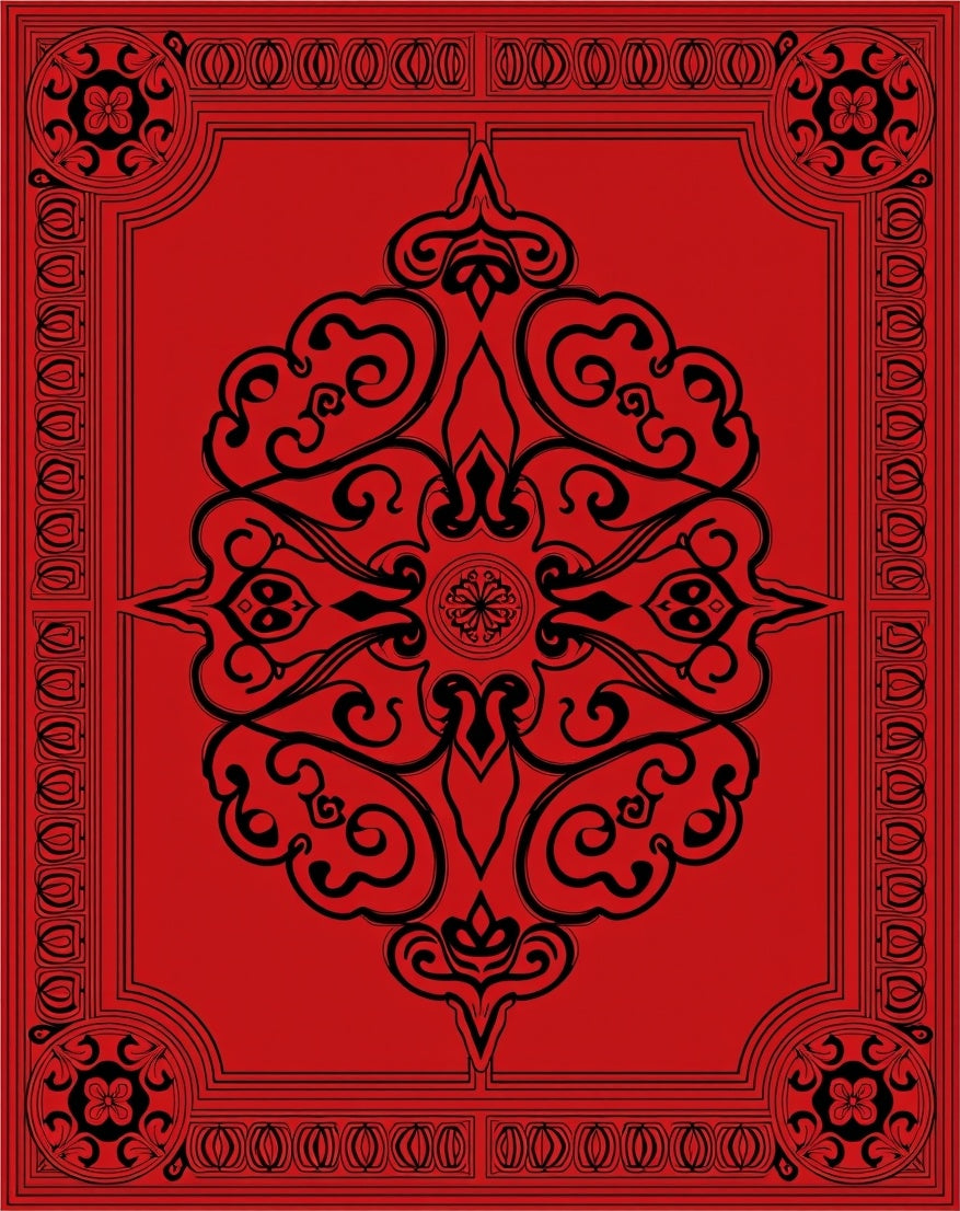 Red Black Ornate Scrollwork Design Rug