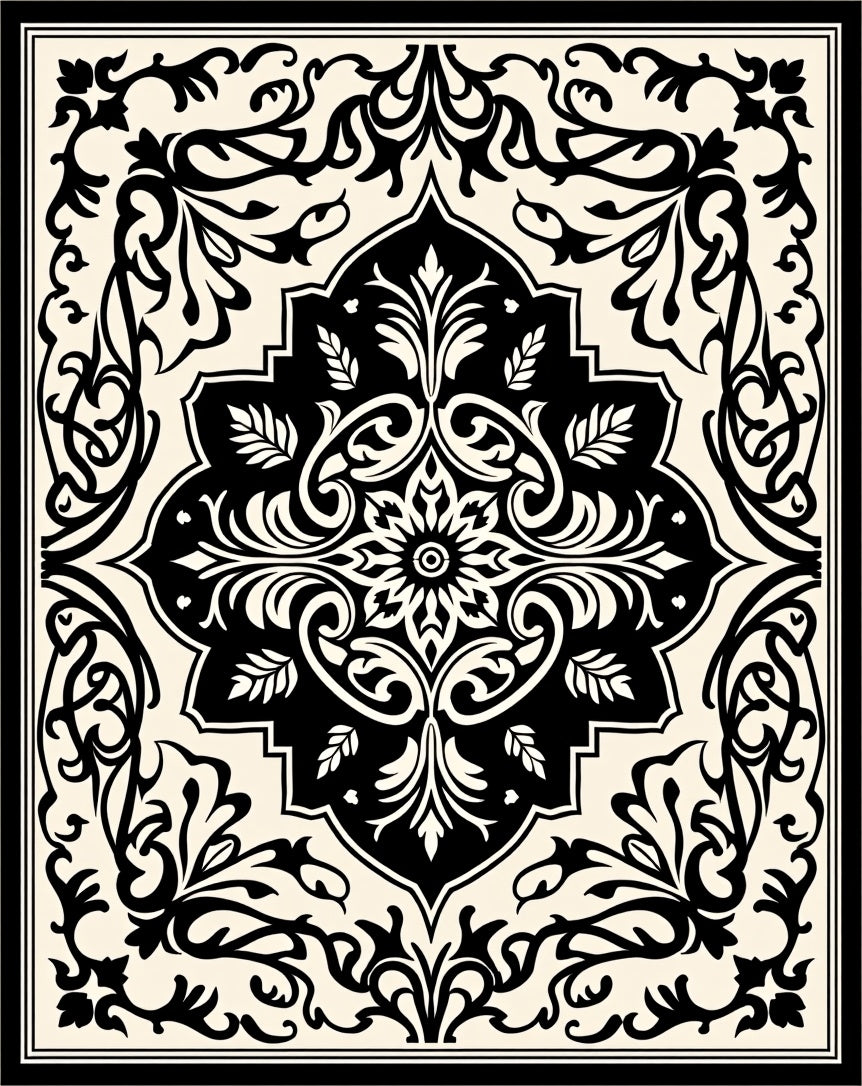 Classic Floral Palmette Black and Cream Rug