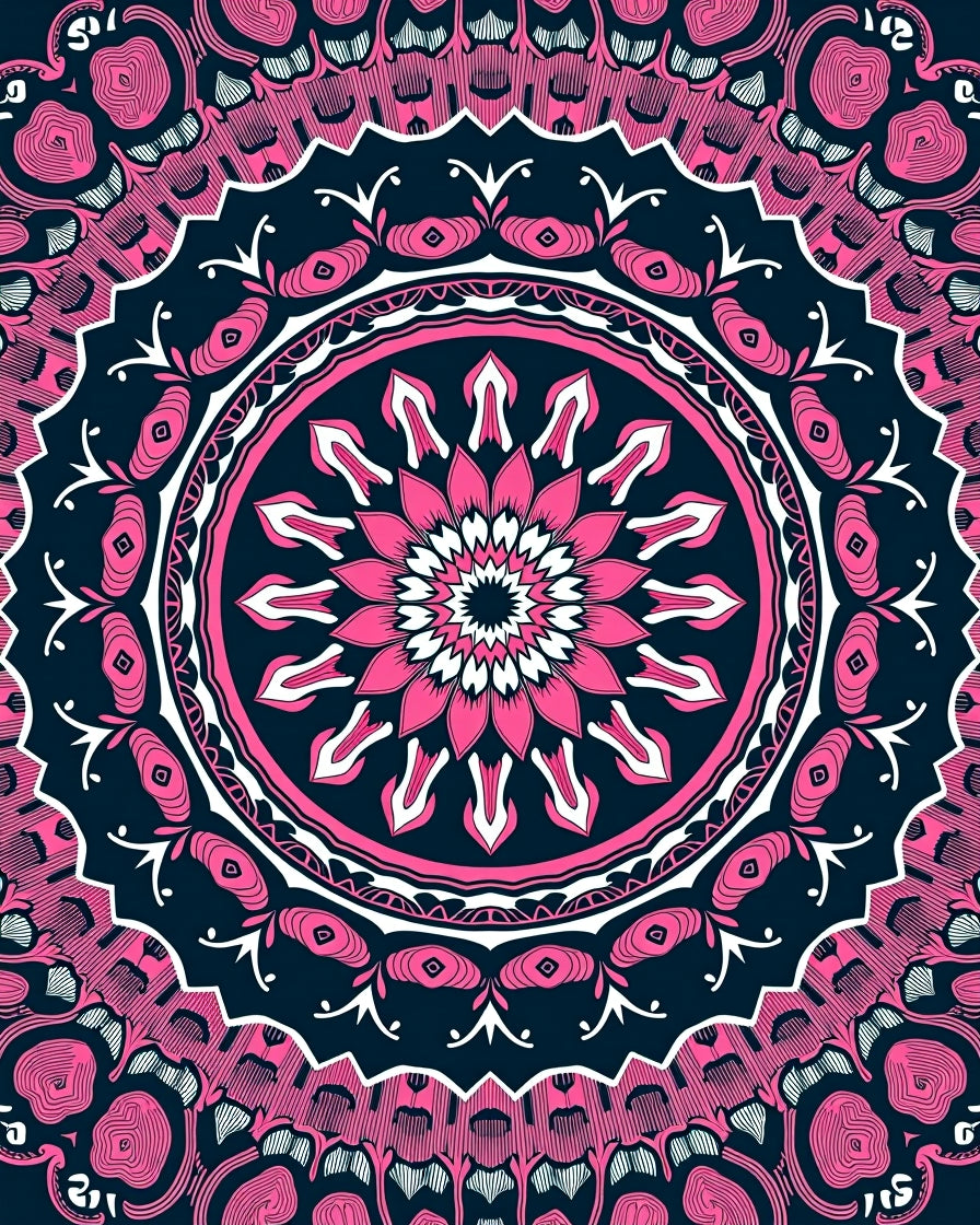 Pink Navy Intricate Floral Mandala Rug