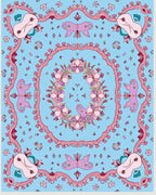 Whimsical Pink Floral Creatures Blue Rug