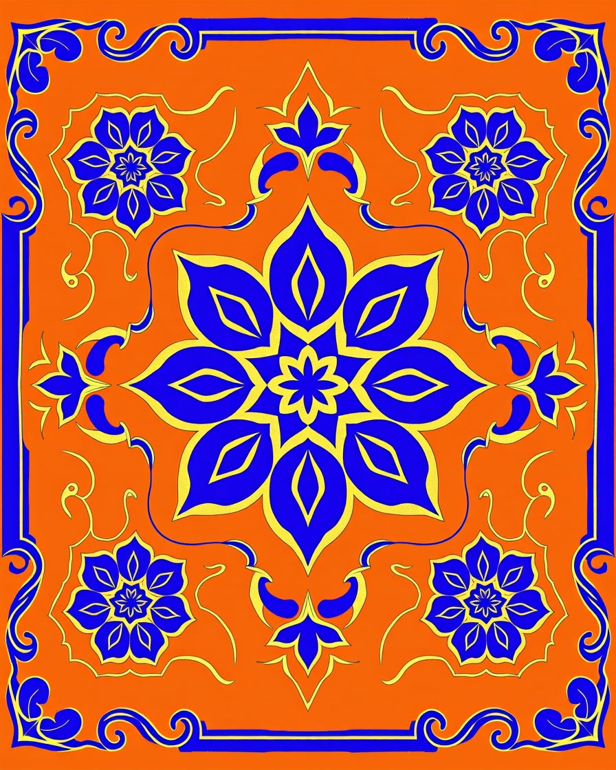 Vibrant Blue Gold Floral Medallion Rug