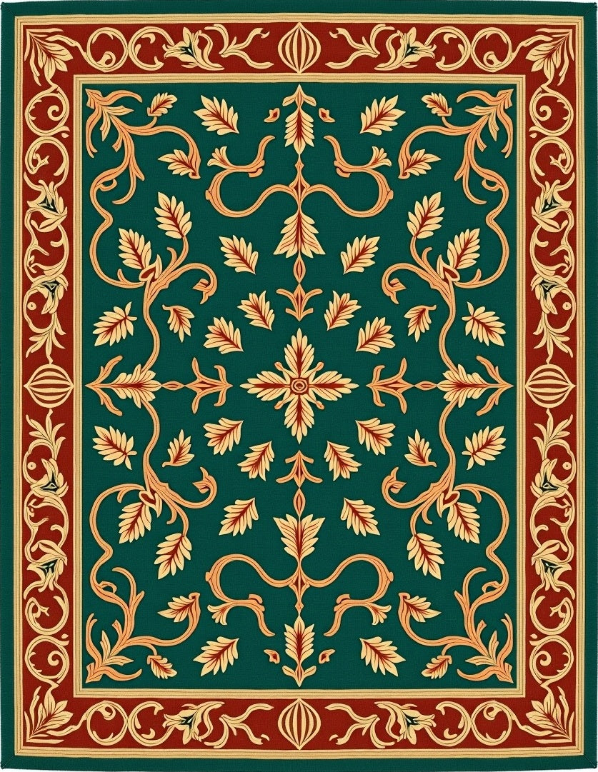 Emerald Floral Scroll Patterned Rug