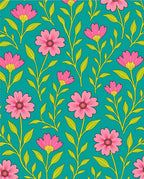 Pink Floral Patterned Teal Surface Rug