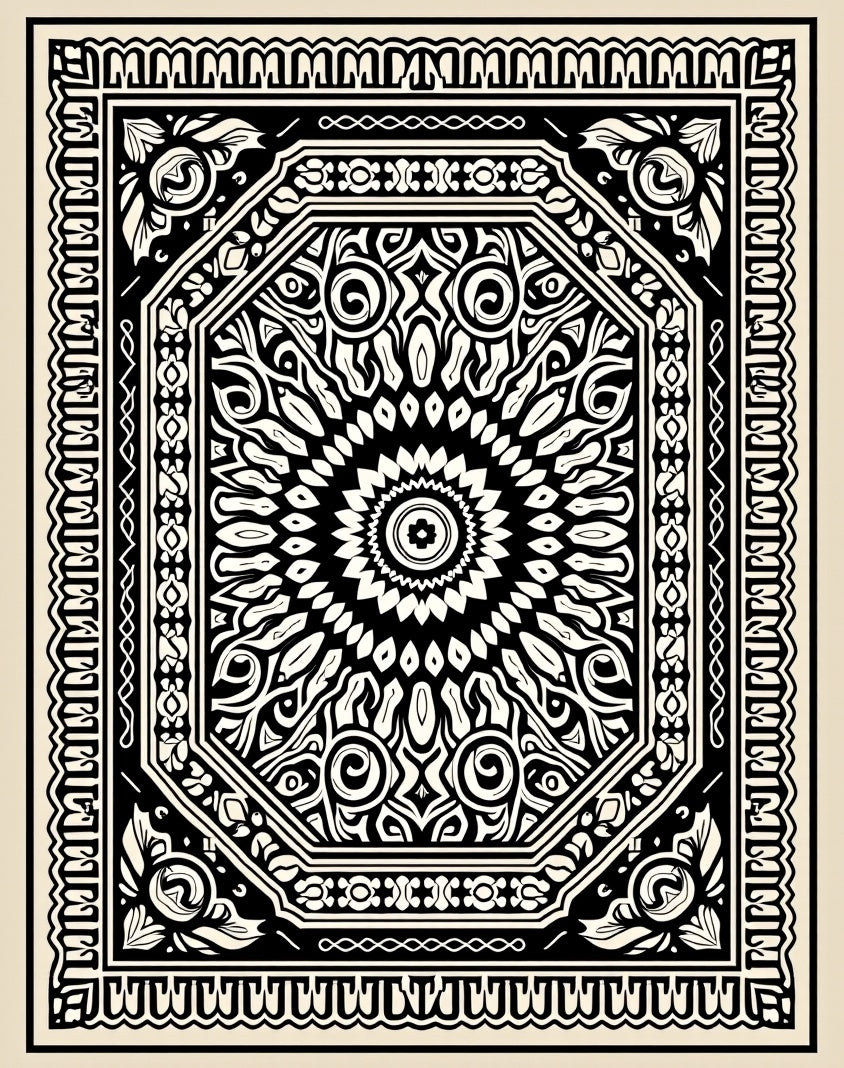 Intricate Black White Mandala Pattern Rug