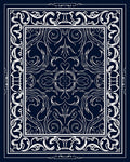 Ornate White Flourish on Navy Rug