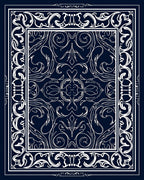 Ornate White Flourish on Navy Rug