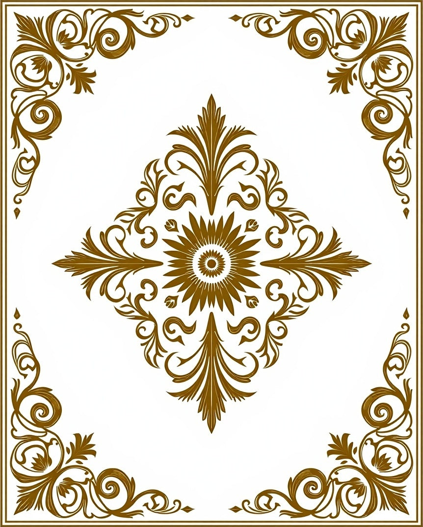 Ornate Golden Scrollwork Floral Design Rug