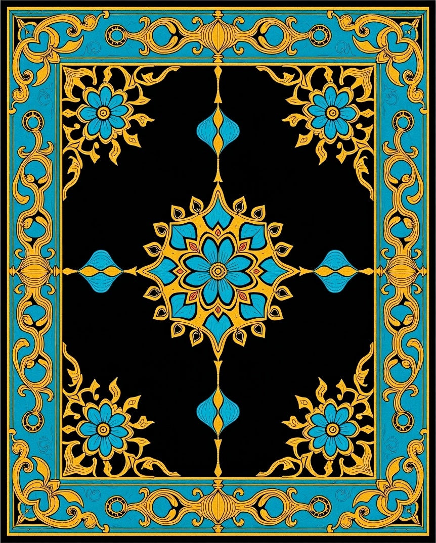 Regal Blue Gold Floral Frame Rug