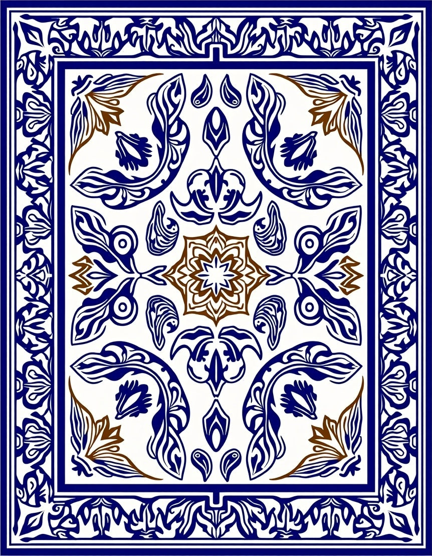 Intricate Blue Brown Floral Medallion Design Rug