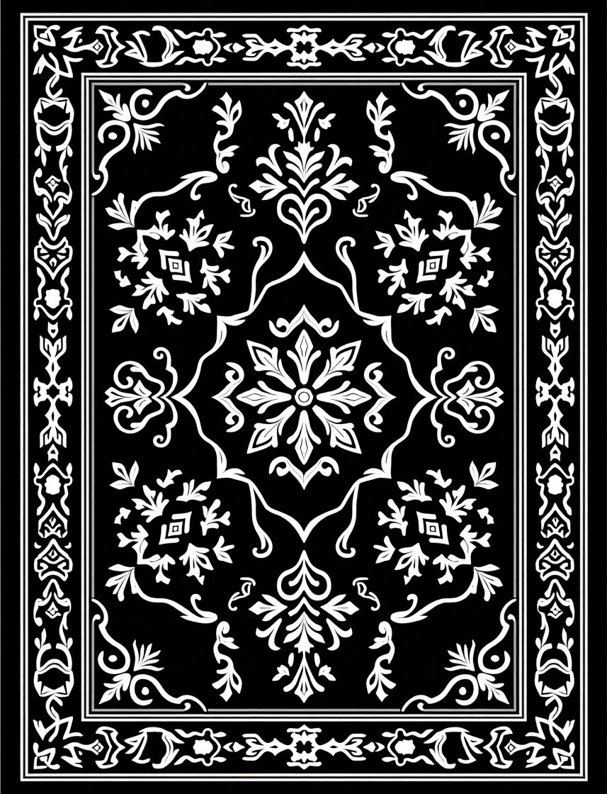 Black White Floral Border Design Rug