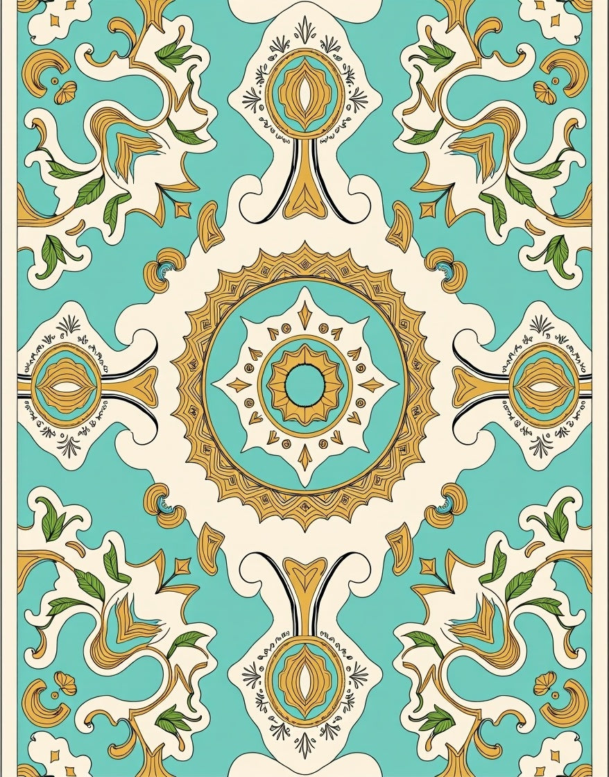 Ornate Teal Gold Floral Medallion Rug