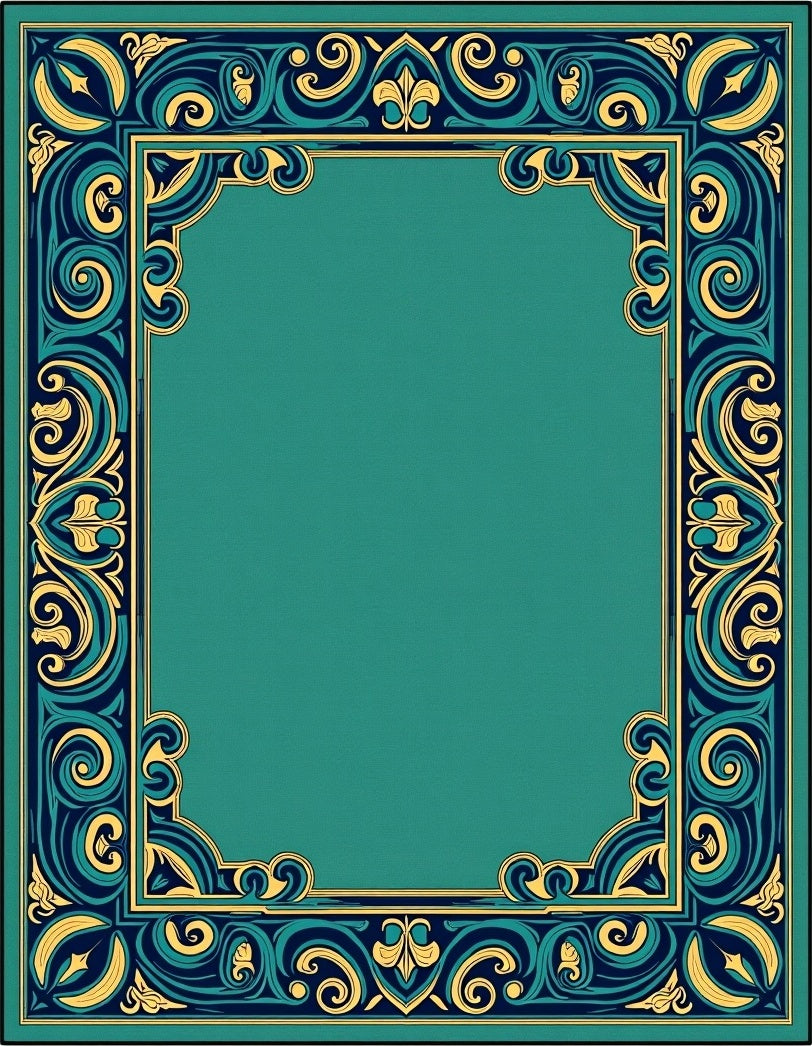 Ornate Teal Gold Swirl Border Rug