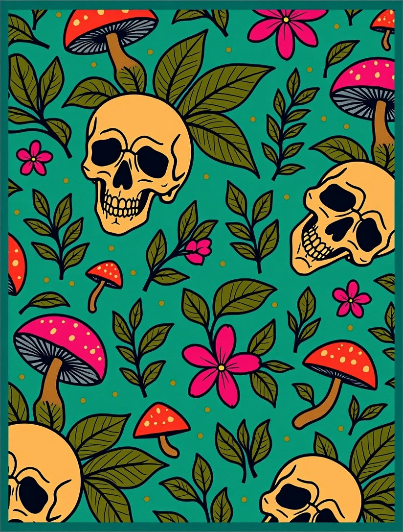 Whimsical Skull Mushroom Pattern Rug