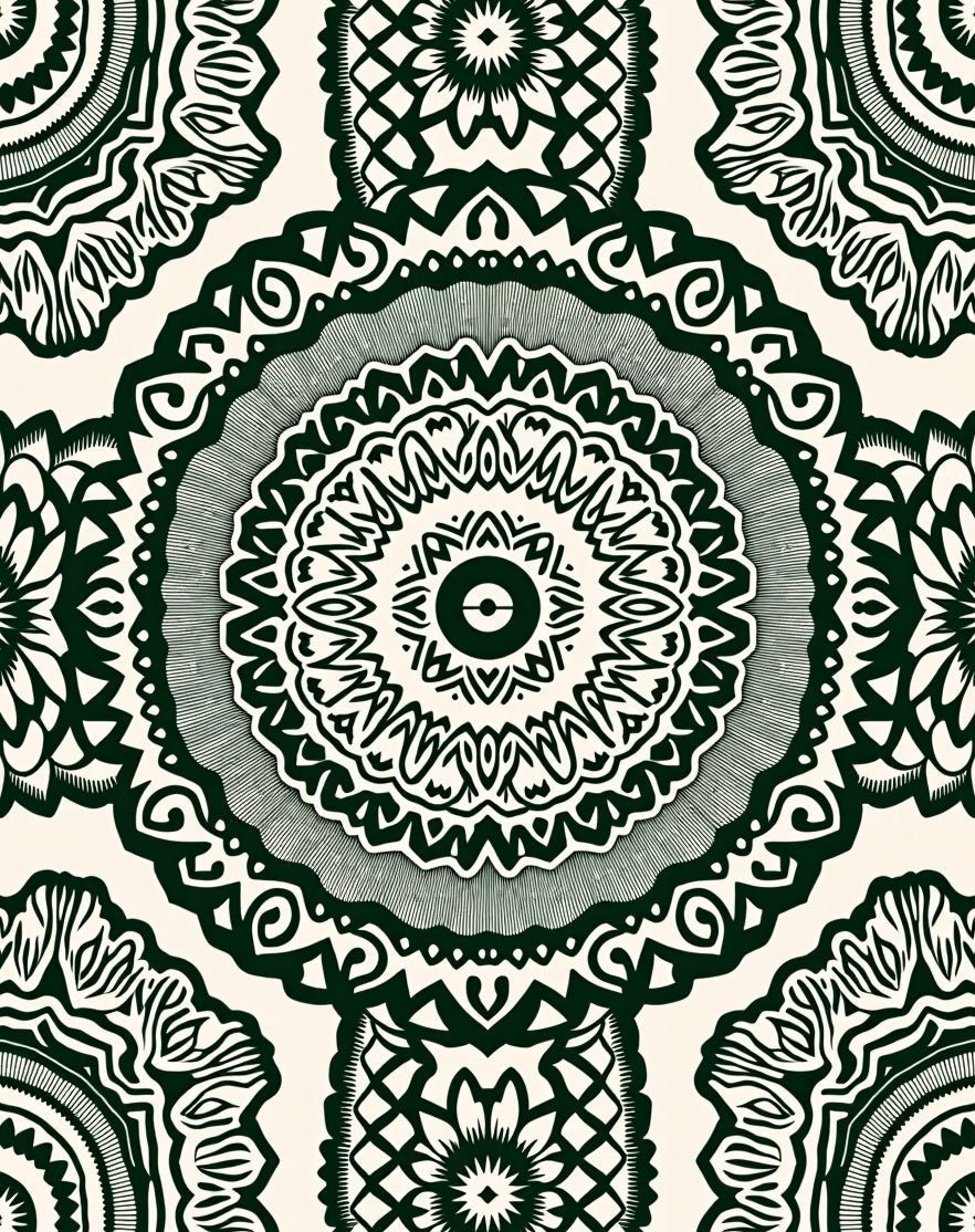 Dark Green Cream Mandala Print Rug