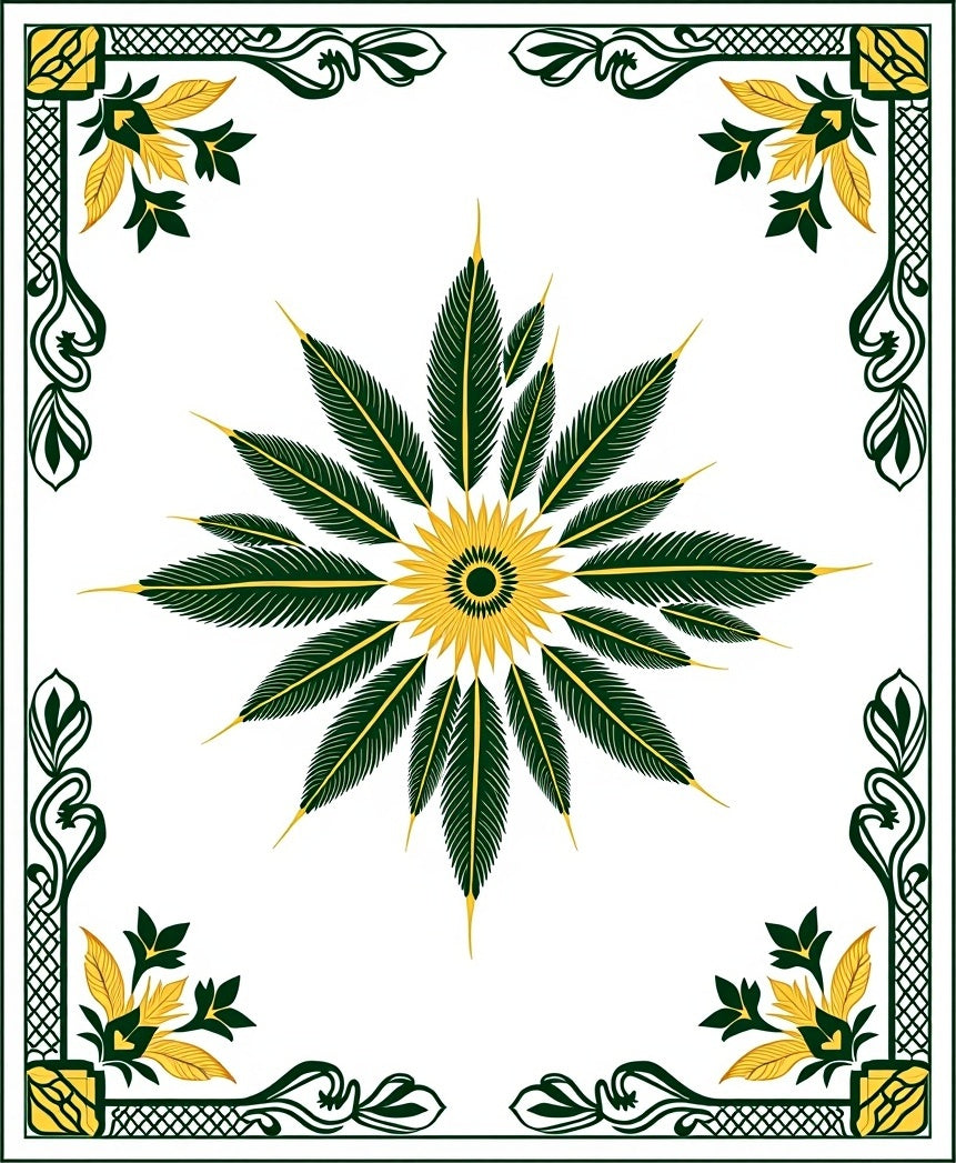 Green And Gold Feather Mandala Design Rug