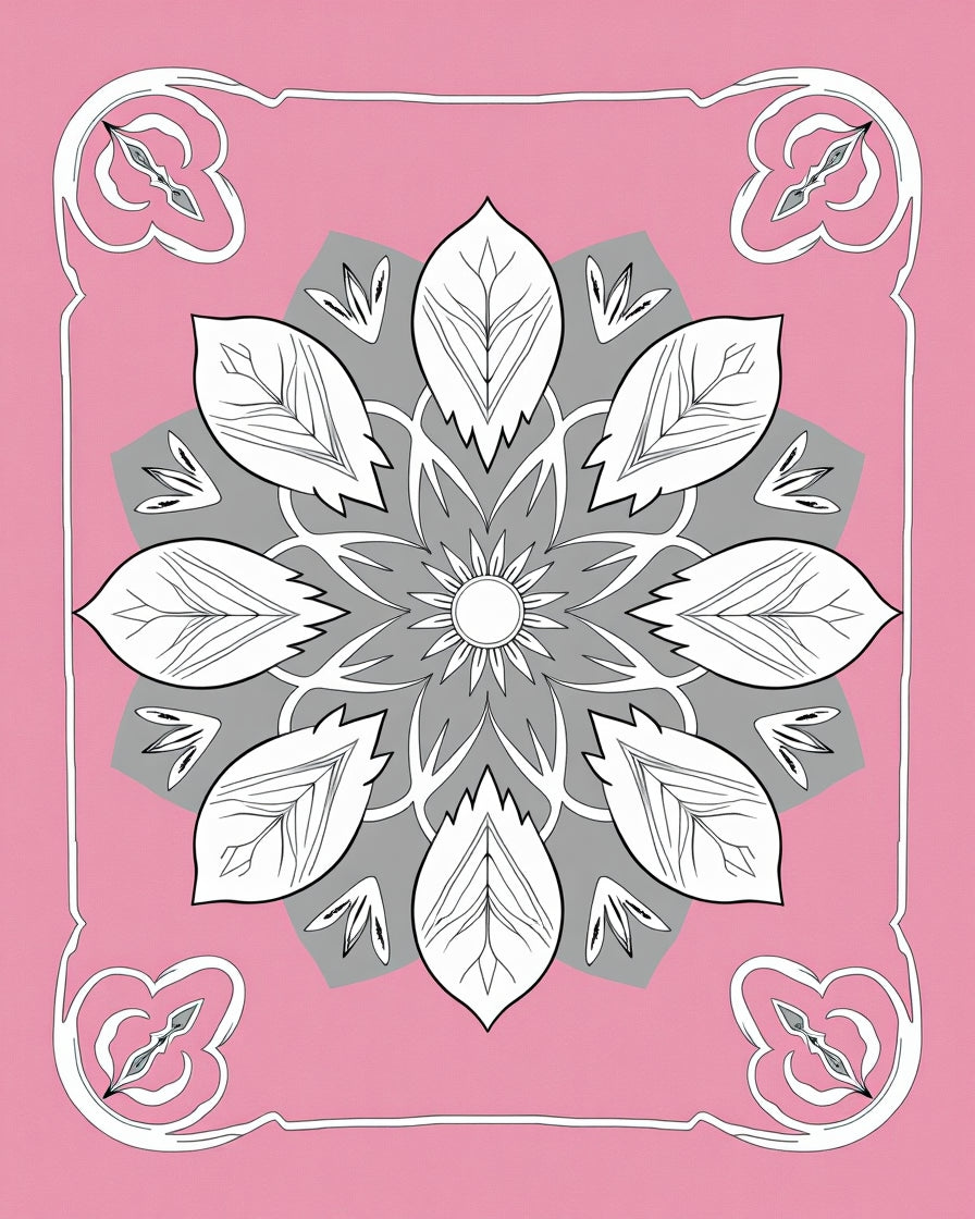Floral Linework Mandala With Pink Frame Rug