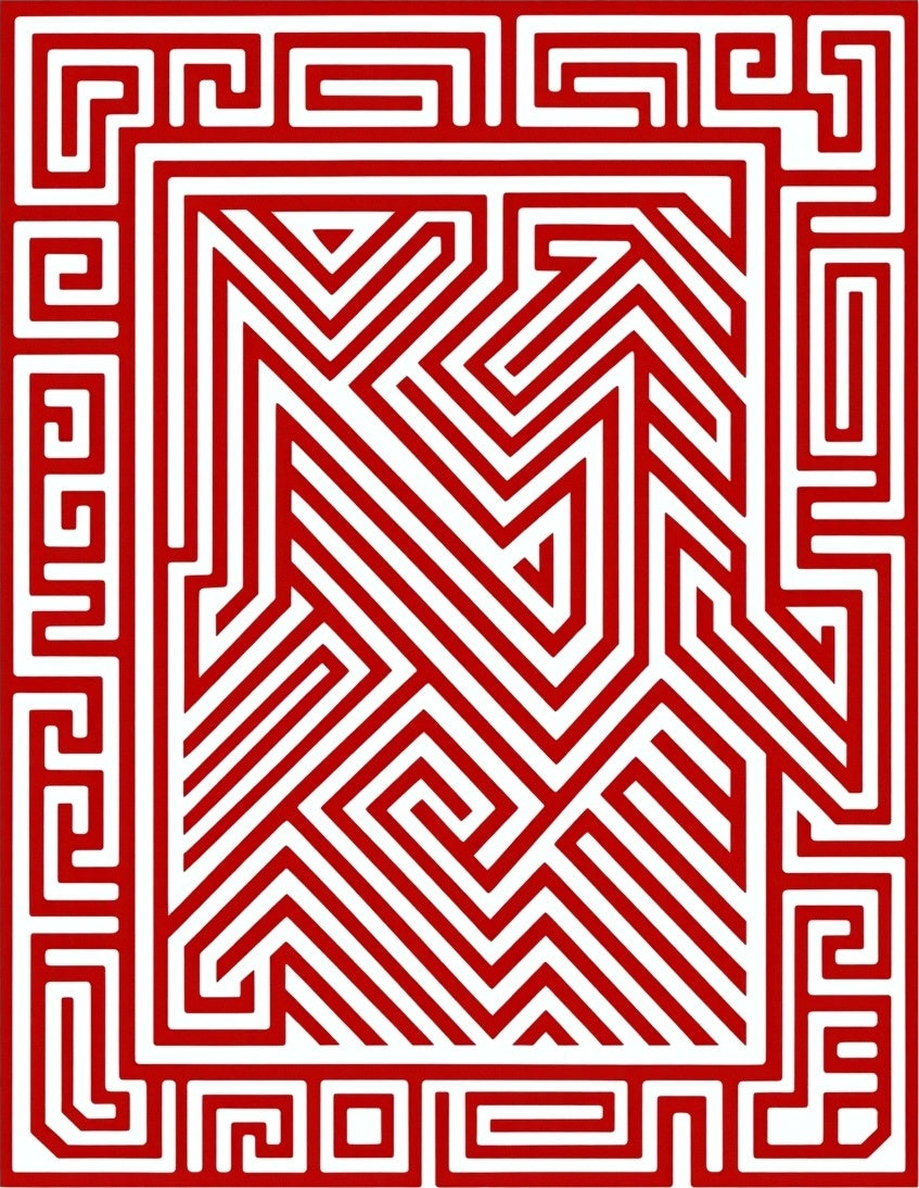 Bold Red Geometric Labyrinth Pattern Rug