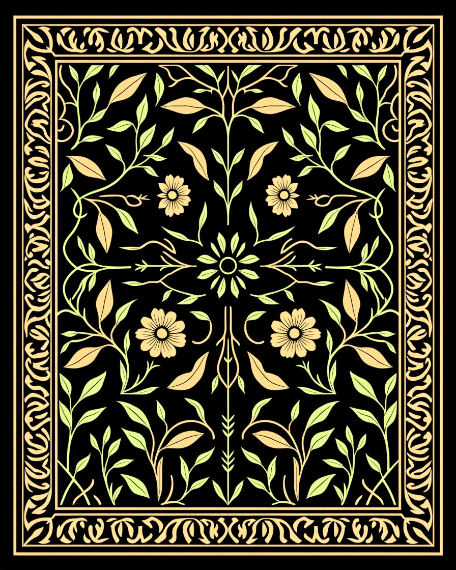 Golden Floral Vines On Black Design Rug
