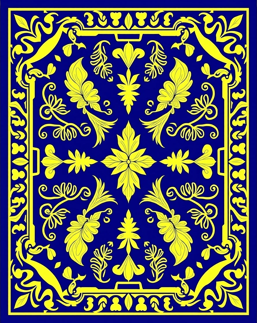 Royal Blue Yellow Floral Border Rug